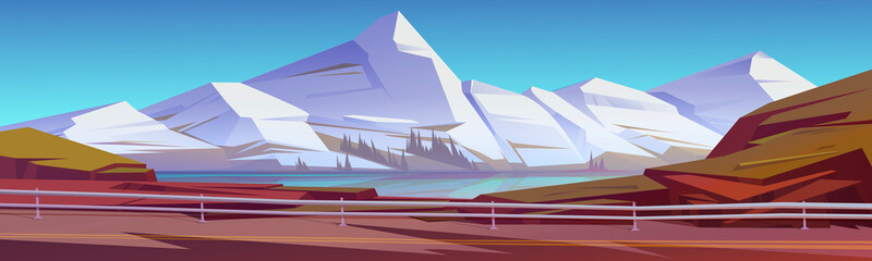 Mountain landscape with lake, trees on coast and car road with metal barrier. Vector cartoon illustration of nature scenery with white rocks, coniferous forest on river shore and highway © klyaksun