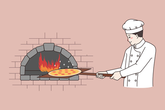 Man chef cook pizza in stone oven in restaurant. Smiling male pizzaiolo prepare italian tasty fast food dish or meal. Pizzaman cooking in pizzeria. Eating out, delivery. Flat vector illustration. 