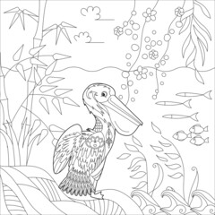 Contour linear illustration for coloring book with bird in flowers. Tropic pelican,  anti stress picture. Line art design for adult or kids  in zen-tangle style, tattoo and coloring page.