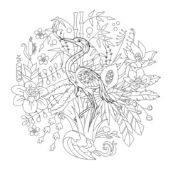 Contour linear illustration for coloring book with bird in flowers. Beautiful heron,  anti stress picture. Line art design for adult or kids  in zen-tangle style, tattoo and coloring page.