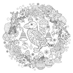 Contour linear winter illustration with puffin. Traditional Christmas ornament,   decoration,  anti stress picture. Line art design for adult or kids  in zen-tangle style and coloring page.