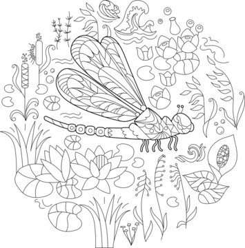 Contour linear illustration for coloring book with dragonfly in flowers. Beautiful insect,  anti stress picture. Line art design for adult or kids  in zen-tangle style, tattoo and coloring page.