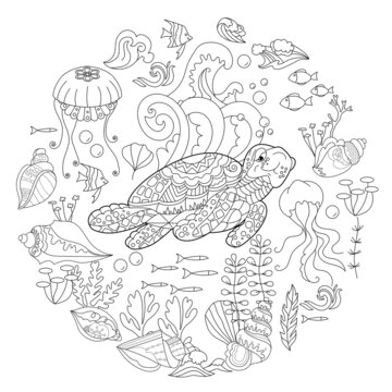 Contour linear illustration for coloring book with turtle in sea. Funny animal,  anti stress picture. Line art design for adult or kids  in zen-tangle style, tattoo and coloring page.