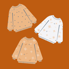 An illustration of their three Christmas sweaters on an orange background