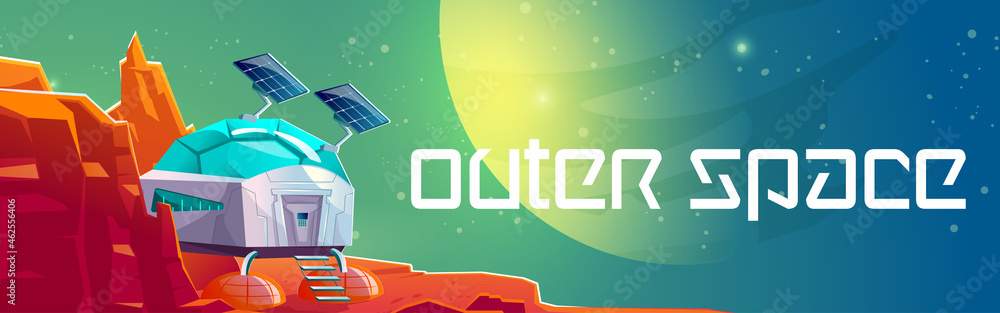 Poster mars surface with colony building. outer space poster with martian base. vector banner with cartoon 