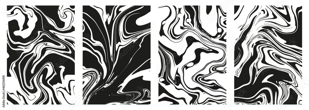 Wall mural set of abstract black marble or epoxy textures on a white background. prints with graphic stylish li