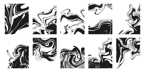 Set of abstract black marble or epoxy textures on a white background. Prints with Graphic Stylish Liquid Ink Stains. Trendy backgrounds for cover designs, invitations, case, wrapping paper.