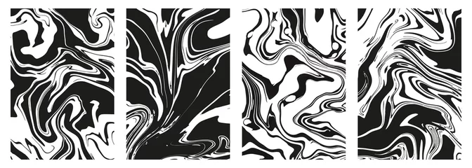 Fototapete Marmor Set of abstract black marble or epoxy textures on a white background. Prints with Graphic Stylish Liquid Ink Stains. Trendy backgrounds for cover designs, invitations, case, wrapping paper.