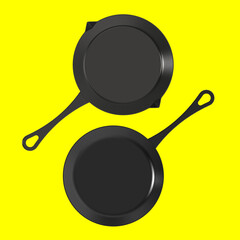 nearby are a pot with a handle and a frying pan. top view of the kitchen appliances. Dishes on a yellow background. 3d image. 3d rendering.