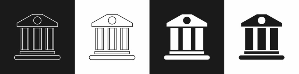 Set Bank building icon isolated on black and white background. Vector