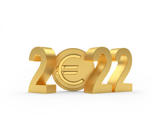 Golden number 2022 with euro coin on white. 3D illustration 