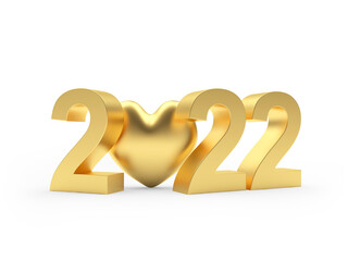 Gold number 2022 with heart icon isolated on white. 3d illustration 