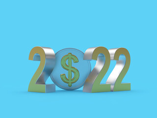 Number 2022 with dollar coin over blue background. 3D illustration 