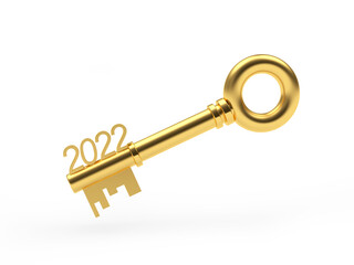 Golden key with numbers 2022 isolated on white background. 3d illustration 