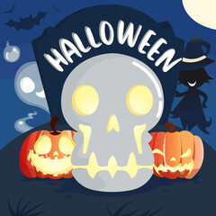 Halloween night moon with ghosts and glowing pumpkins and skeleton composition bats flying over the graveyard with witch plane premium vector