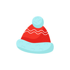 Winter hat with a pompom, warm knitted, red with fur. Cute vector illustration. For a holiday card, banner, menu, flyer.