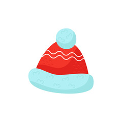 Winter hat with a pompom, warm knitted, red with fur. Cute vector illustration. For a holiday card, banner, menu, flyer.
