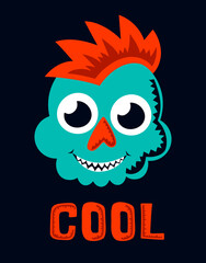 card with cartoon cute skull, vector illustration