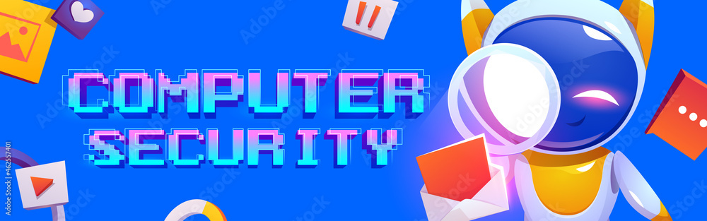 Poster computer security banner with cute robot character. concept of information protect, safety internet 