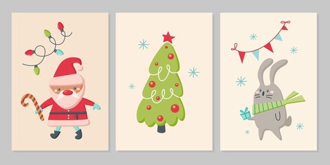 Set of Christmas cards with cute animals. Characters reindeer, rabbit, Santa Claus with snowflakes. Vector flat illustration.  Design for greeting card, flyer, banner, social media