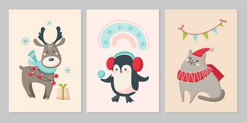 Set of Christmas cards with cute animals. Characters reindeer, penguin, cat with snowflakes, rainbow, banner. Vector flat illustration.  Design for greeting card, flyer, banner, social media