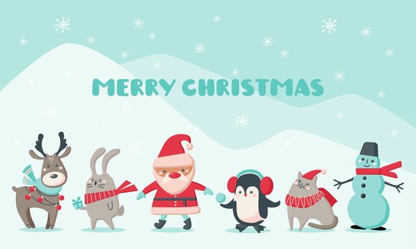 Christmas cards with cute animals and Santa Claus. Characters reindeer, snowman, Santa Claus, penguin, cat, rabbit with snowflakes. Vector flat illustration.  Design for greeting card, banner
