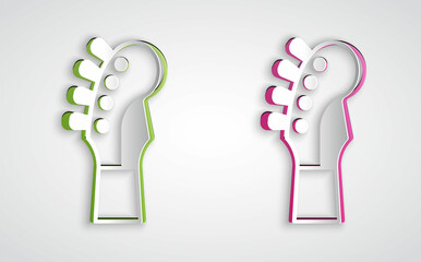 Paper cut Guitar neck icon isolated on grey background. Acoustic guitar. String musical instrument. Paper art style. Vector