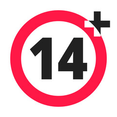 Over 14 years old plus forbidden round icon sign vector illustration. 14 plus only or older persons adult content rating isolated on white background.