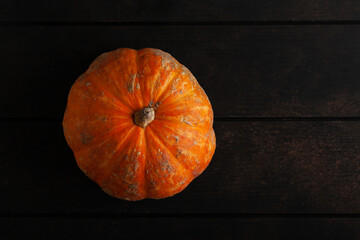 Ugly orange pumpkin on rustic wooden table with copyspace. Thanksgiving decoration. Trendy ugly...