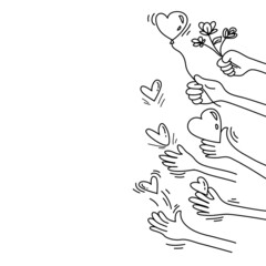 hand drawn of hands up. hands clappinng. Concept of charity and donation. Give and share your love to people. hands gesture on doodle style. vector illustration
