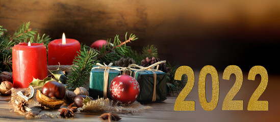 greeting card 2022 with  christmas decoration on a table