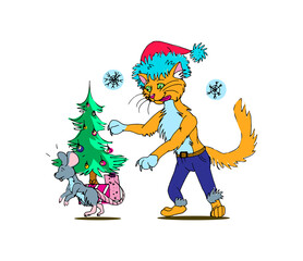 Funny Christmas Card. Cat and Mouse illustration. Pest Contol concept.