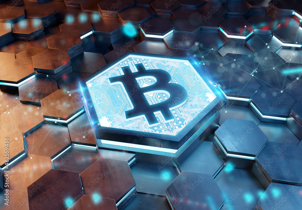 Poster Bitcoin icon creativity concept engraved on metal hexagonal pedestral background. Crypto currency symbol glowing on abstract digital surface. 3d rendering