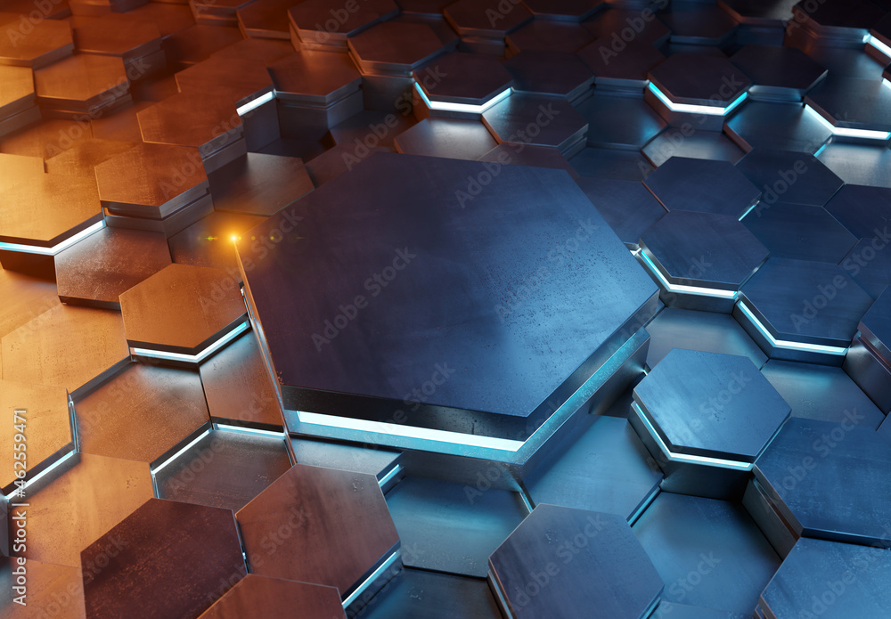 Aufkleber glowing orange and blue hexagons podium background pattern. hexagonal metal surface with lights and 