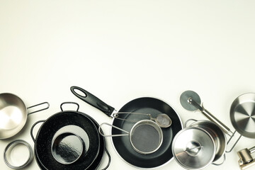 Set of different kitchen utensil on white background