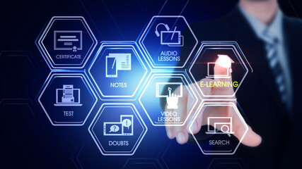 E-learning Hexagonal Touch Screen Concept
Hexagonal virtual Touch Screen Concept with  man touching screen with finger and light streak