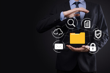 Document Management System DMS .Businessman hold folder and document icon.Software for archiving, searching and managing corporate files and information.Internet Technology Concept.Digital security
