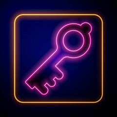 Glowing neon Old magic key icon isolated on black background. Vector