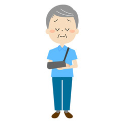 上肢に怪我をして不安そうな高齢男性