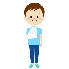 右手に三角巾をしている男性