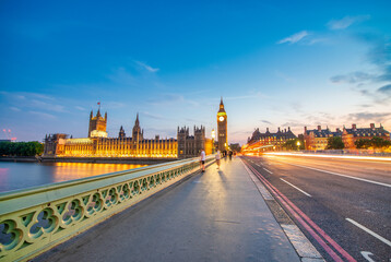Fototapeta na wymiar Westminster Palace and Bridge at summer night in London, UK.