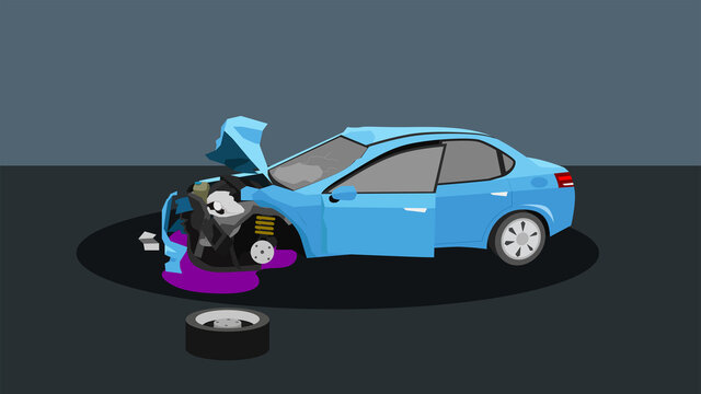 Accidents and negligence of personal cars. Force of the collision caused damage to the front of the engine and the bonnet opened. wheels fell out of the car. background image in dark gray tones.