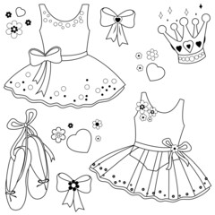 Ballet dancing dresses, ballet shoes, ribbons, crown and flowers. Vector black and white coloring page. © stockakia