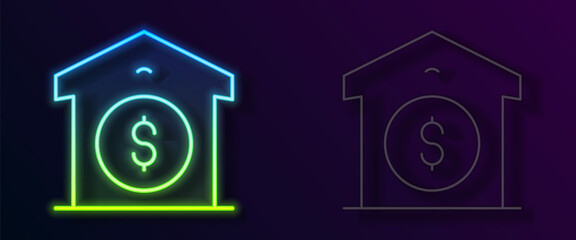 Glowing neon line Warehouse price icon isolated on black background. Vector