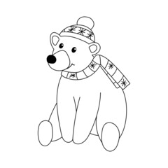 Cute polar bear is sitting in hat and scarf. Vector outline woodland animal illustrationisolated on white background. Print on t-shirt, children invitation, card, coloring book