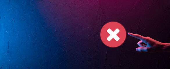 Hand holds icon,cancellation symbol,cancel icon.Cross mark flat red icon.round X mark.cancel...