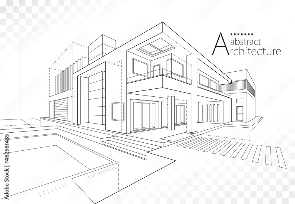 Poster 3D illustration linear drawing. Imagination architecture building design, architecture modern house abstract background. 