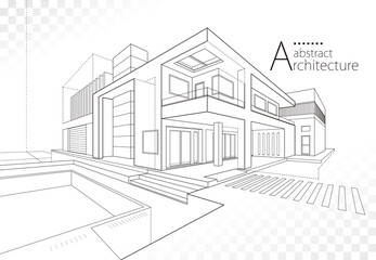 3D illustration linear drawing. Imagination architecture building design, architecture modern house abstract background.  - obrazy, fototapety, plakaty