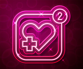 Glowing neon line Smartphone with heart rate monitor function icon isolated on red background. Vector