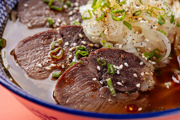 Closeup on japanese kumamoto shio ramen with horse meat